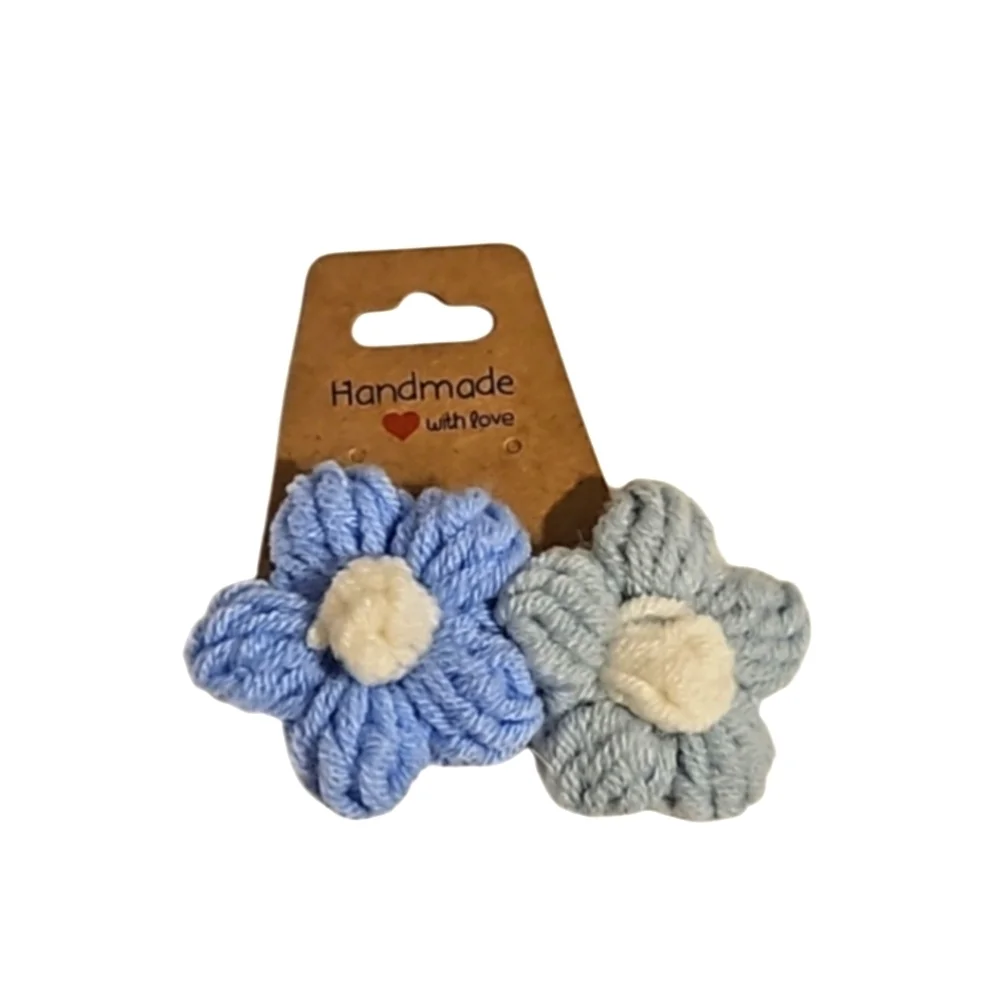 Hand Crafted TikTok Trend Hair Barrette Crocheted Puffy 2-Flowers Blue & White